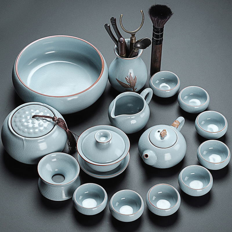 Set de ceai în stil chinezesc Ru Kiln cu ceainic și cești, ceramică, cu logo personalizat, inclusă tavă din bambus, cadou pentru 6–10 persoane