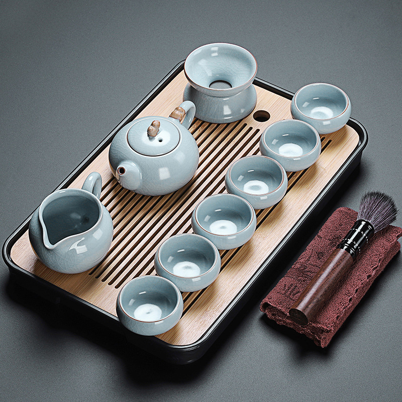Set de ceai în stil chinezesc Ru Kiln cu ceainic și cești, ceramică, cu logo personalizat, inclusă tavă din bambus, cadou pentru 6–10 persoane