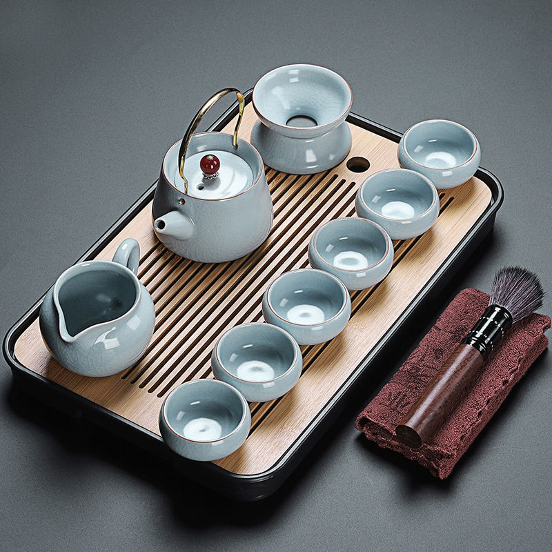 Set de ceai în stil chinezesc Ru Kiln cu ceainic și cești, ceramică, cu logo personalizat, inclusă tavă din bambus, cadou pentru 6–10 persoane