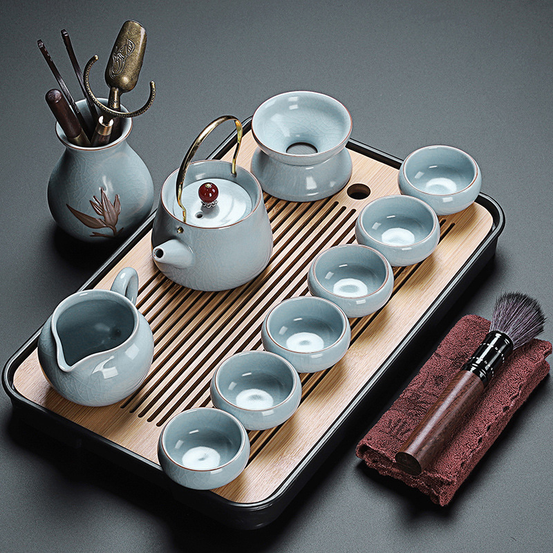 Set de ceai în stil chinezesc Ru Kiln cu ceainic și cești, ceramică, cu logo personalizat, inclusă tavă din bambus, cadou pentru 6–10 persoane