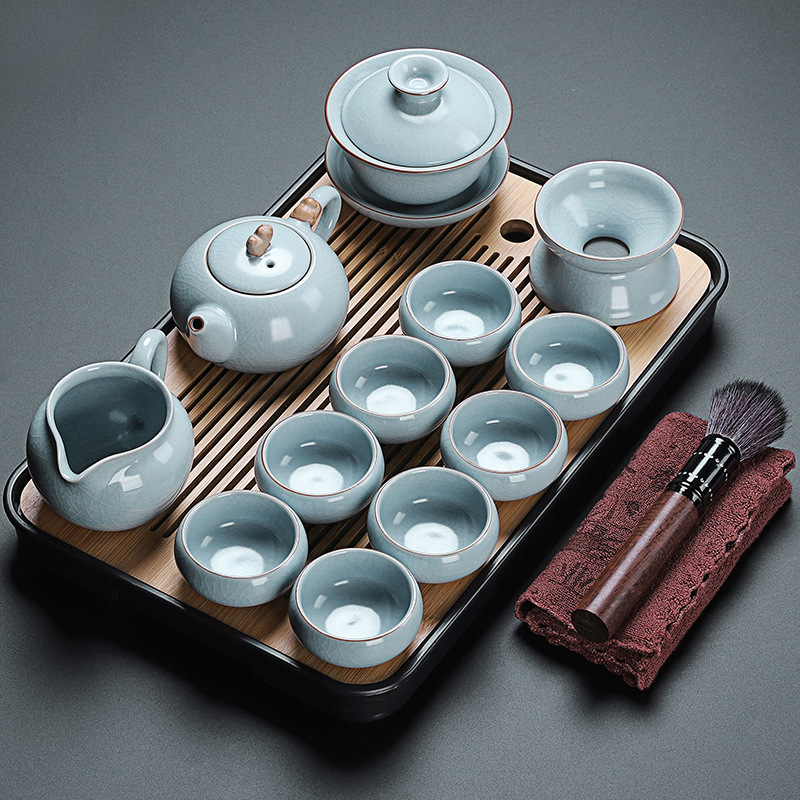 Set de ceai în stil chinezesc Ru Kiln cu ceainic și cești, ceramică, cu logo personalizat, inclusă tavă din bambus, cadou pentru 6–10 persoane