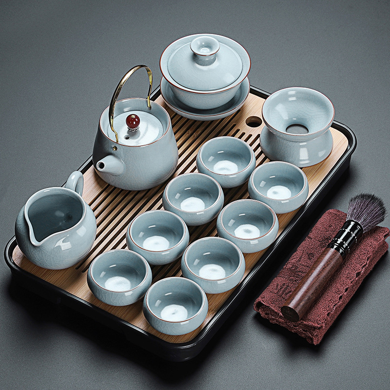 Set de ceai în stil chinezesc Ru Kiln cu ceainic și cești, ceramică, cu logo personalizat, inclusă tavă din bambus, cadou pentru 6–10 persoane
