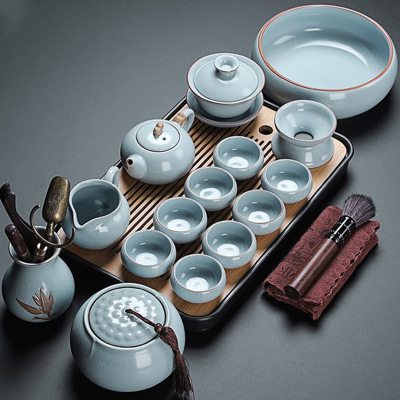 Set de ceai în stil chinezesc Ru Kiln cu ceainic și cești, ceramică, cu logo personalizat, inclusă tavă din bambus, cadou pentru 6–10 persoane