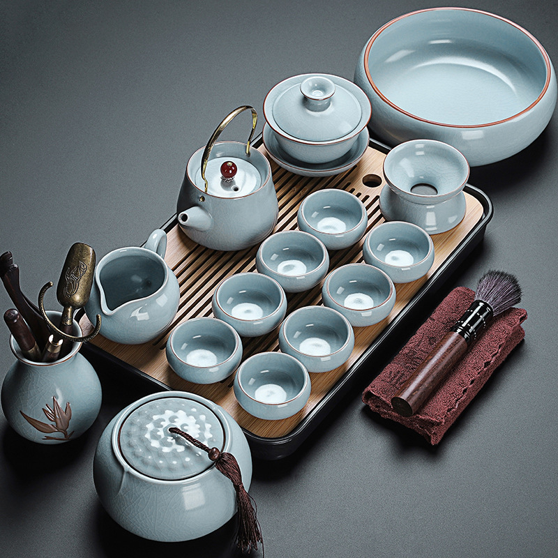 Set de ceai în stil chinezesc Ru Kiln cu ceainic și cești, ceramică, cu logo personalizat, inclusă tavă din bambus, cadou pentru 6–10 persoane