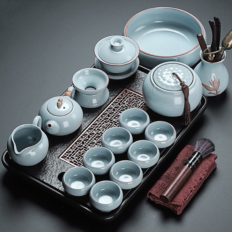Set de ceai în stil chinezesc Ru Kiln cu ceainic și cești, ceramică, cu logo personalizat, inclusă tavă din bambus, cadou pentru 6–10 persoane