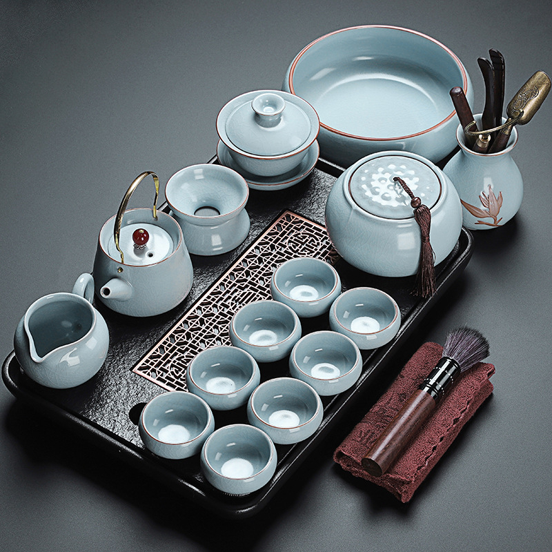 Set de ceai în stil chinezesc Ru Kiln cu ceainic și cești, ceramică, cu logo personalizat, inclusă tavă din bambus, cadou pentru 6–10 persoane