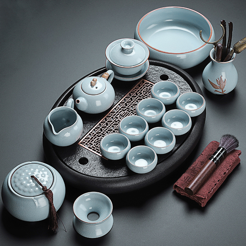 Set de ceai în stil chinezesc Ru Kiln cu ceainic și cești, ceramică, cu logo personalizat, inclusă tavă din bambus, cadou pentru 6–10 persoane