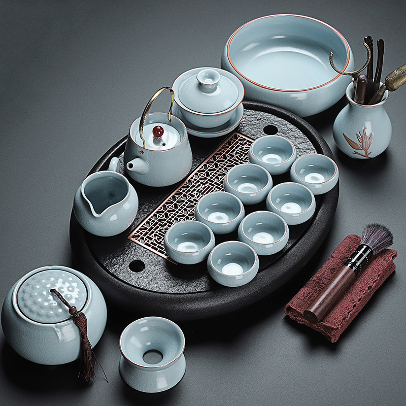 Set de ceai în stil chinezesc Ru Kiln cu ceainic și cești, ceramică, cu logo personalizat, inclusă tavă din bambus, cadou pentru 6–10 persoane