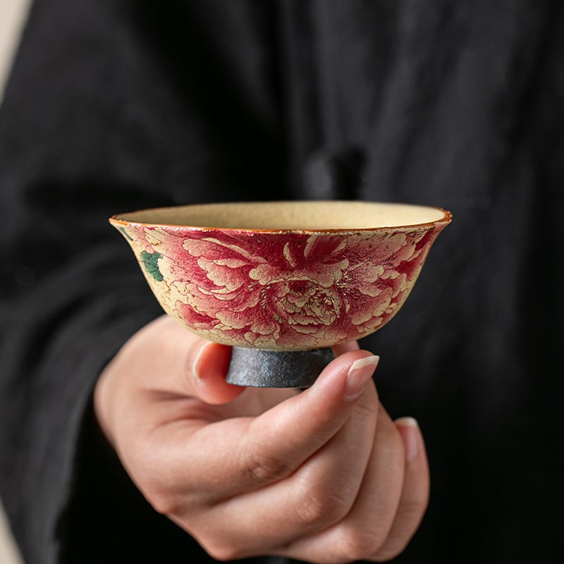 Ceșcă ceramică roșu Flint, cu motif retro floral – ceașcă mică de porțelan pentru ceai, uz casnic