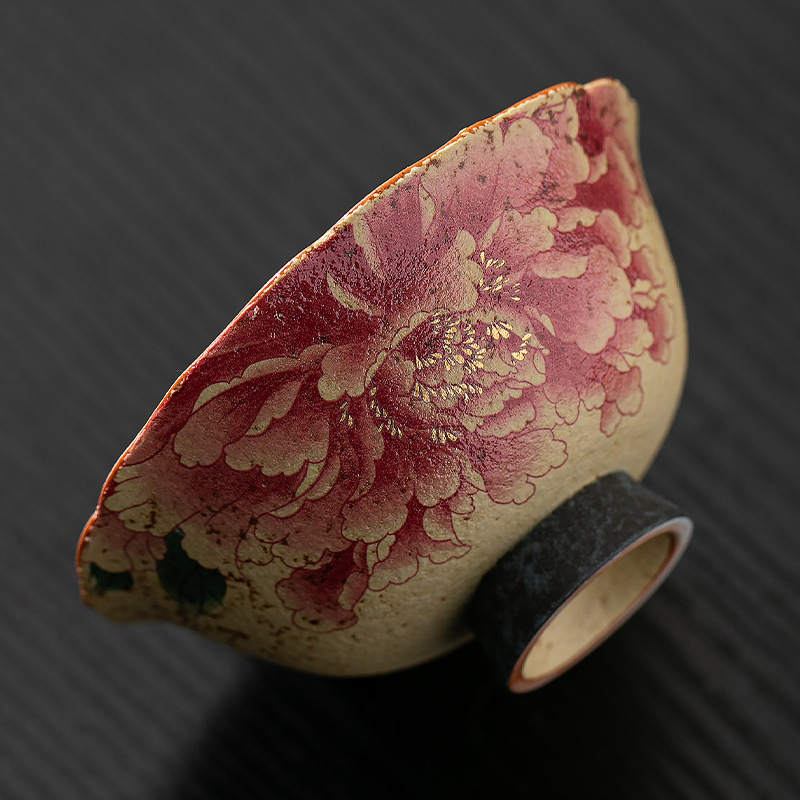 Ceșcă ceramică roșu Flint, cu motif retro floral – ceașcă mică de porțelan pentru ceai, uz casnic