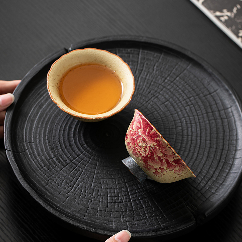 Ceșcă ceramică roșu Flint, cu motif retro floral – ceașcă mică de porțelan pentru ceai, uz casnic