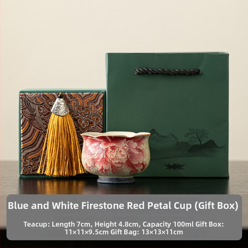 Ceșcă ceramică roșu Flint, cu motif retro floral – ceașcă mică de porțelan pentru ceai, uz casnic