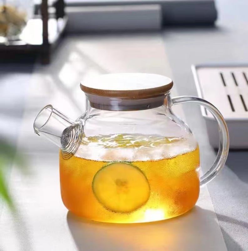 Ceainic din sticlă borosilicată de înaltă calitate, capac din bambus, capacitate mare pentru apă rece, compatibil cu plita electrică ceramică, ceainic pentru ceai cu flori, stil modern minimalist