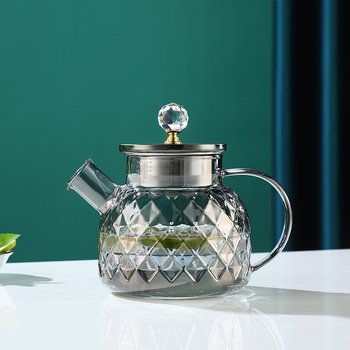 Sticlă de apă rece din sticlă borosilicată, rezistentă la temperaturi ridicate, capacitate mare, finisaj amber-gold și gri închis.