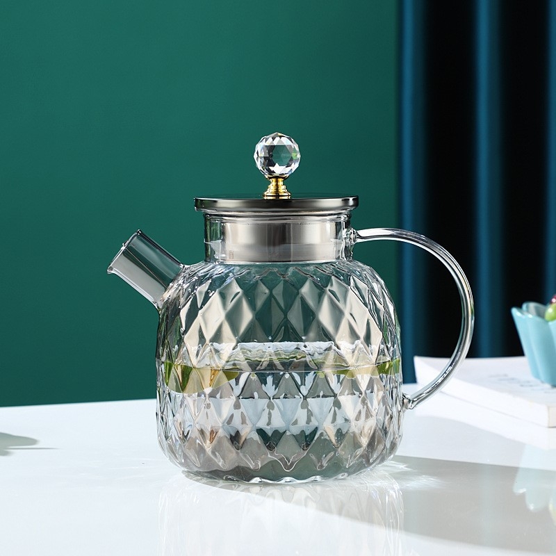 Sticlă de apă rece din sticlă borosilicată, rezistentă la temperaturi ridicate, capacitate mare, finisaj amber-gold și gri închis.