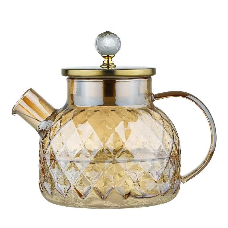 Sticlă de apă rece din sticlă borosilicată, rezistentă la temperaturi ridicate, capacitate mare, finisaj amber-gold și gri închis.