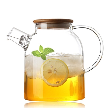 Kană de turnare din sticlă, capac din oțel înfășurat în bambus, sticlă borosilicată transparentă, mare capacitate, pentru sucuri, ceai și apă rece