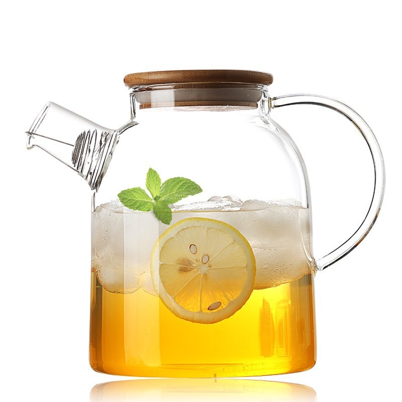 Kană de turnare din sticlă, capac din oțel înfășurat în bambus, sticlă borosilicată transparentă, mare capacitate, pentru sucuri, ceai și apă rece