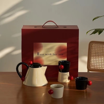 Set ceramic crem în stil nordic, ceainic și cești cu mărgele, capacitate mare, cutie cadou