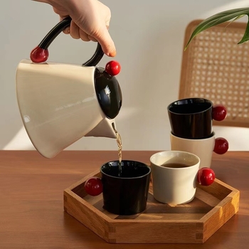 Set ceramic crem în stil nordic, ceainic și cești cu mărgele, capacitate mare, cutie cadou
