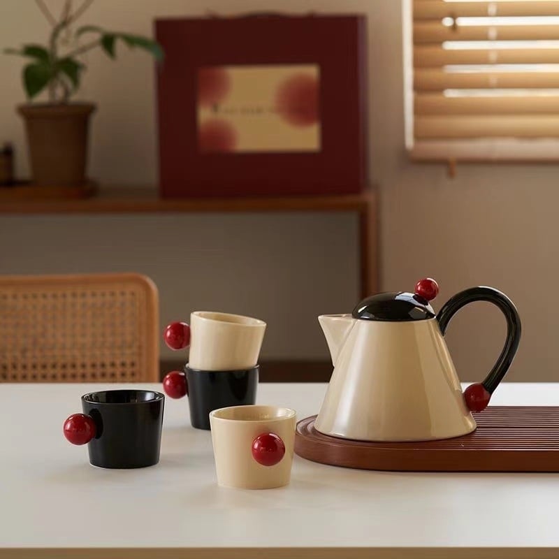 Set ceramic crem în stil nordic, ceainic și cești cu mărgele, capacitate mare, cutie cadou