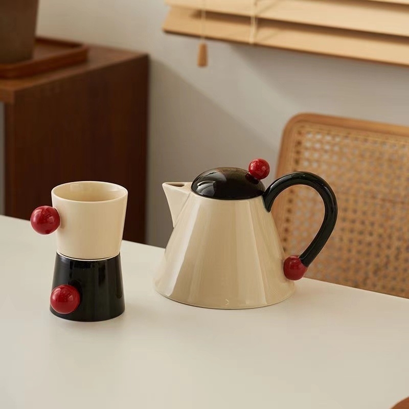 Set ceramic crem în stil nordic, ceainic și cești cu mărgele, capacitate mare, cutie cadou