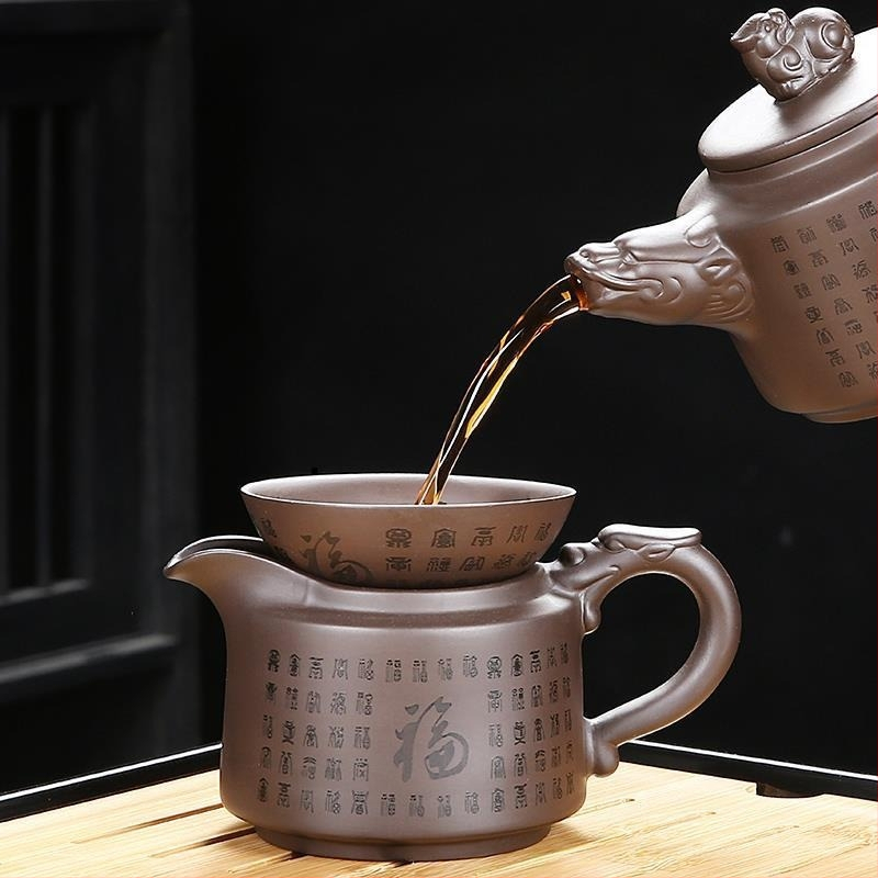 Lila agyag teáskanna, egy darabos kerámia tea‑főző készlet a tea és víz szétválasztásával, Kung Fu tea otthonra