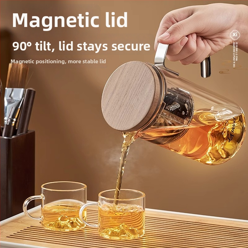 Ceainic din sticlă cu infuzie magnetică și ceașcă de ceai cu vedere la munte, set de ceai minimalist pentru uz casnic, cu sistem de separare a apei