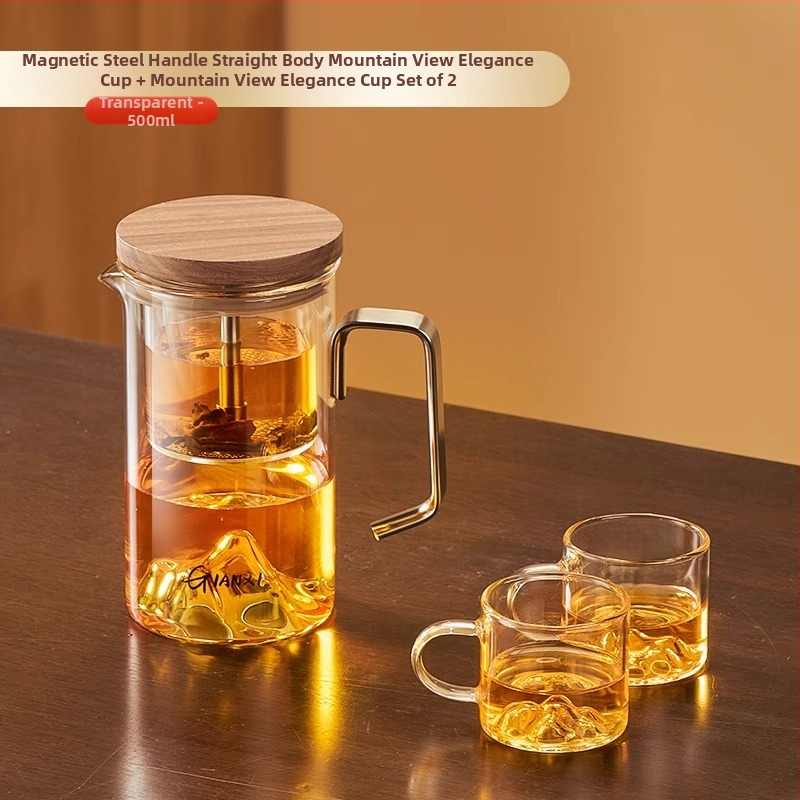Ceainic din sticlă cu infuzie magnetică și ceașcă de ceai cu vedere la munte, set de ceai minimalist pentru uz casnic, cu sistem de separare a apei