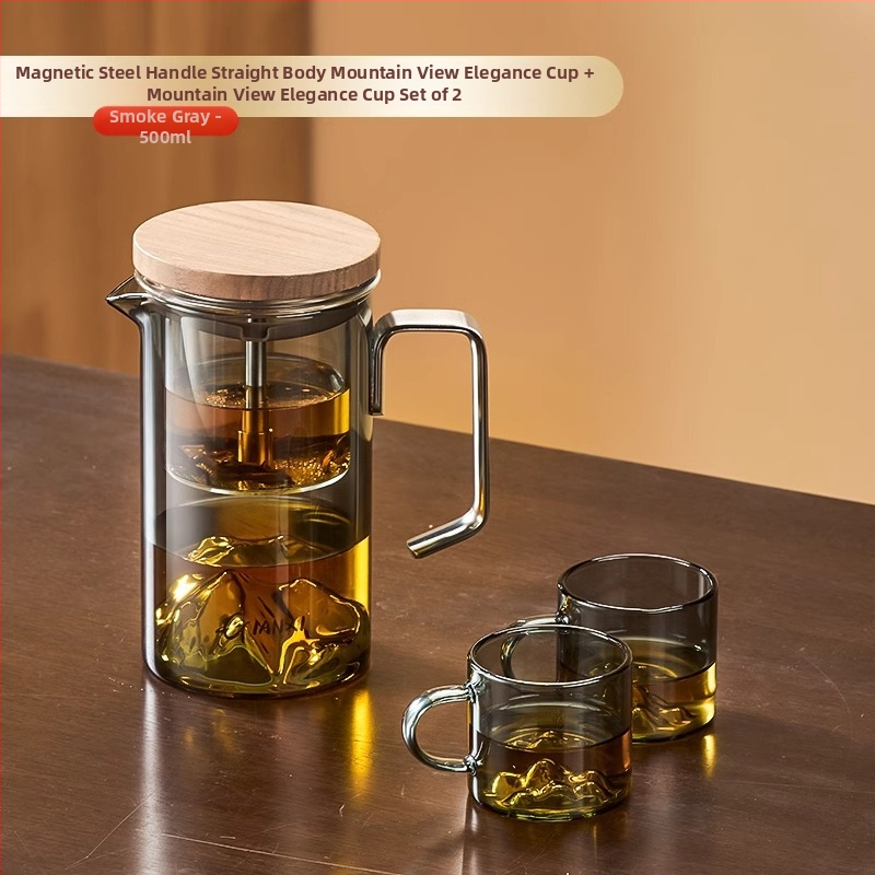 Ceainic din sticlă cu infuzie magnetică și ceașcă de ceai cu vedere la munte, set de ceai minimalist pentru uz casnic, cu sistem de separare a apei