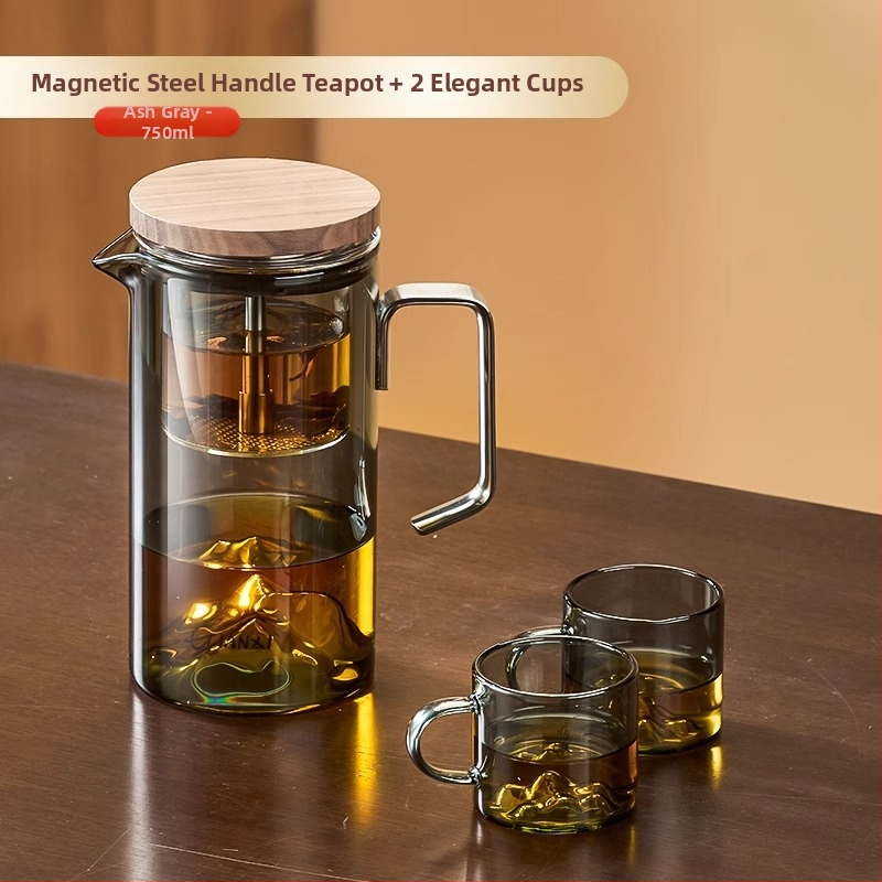 Ceainic din sticlă cu infuzie magnetică și ceașcă de ceai cu vedere la munte, set de ceai minimalist pentru uz casnic, cu sistem de separare a apei