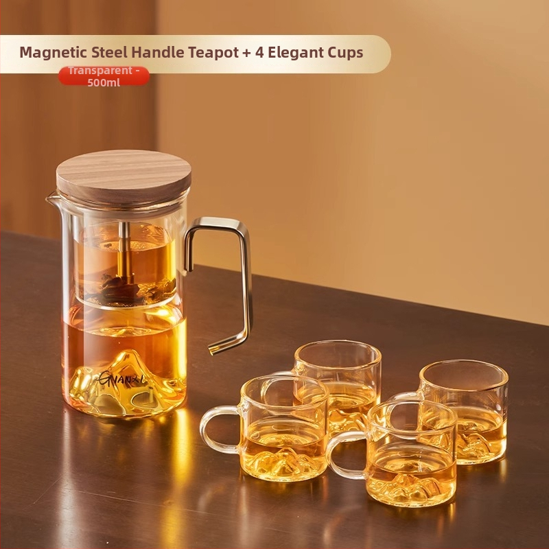 Ceainic din sticlă cu infuzie magnetică și ceașcă de ceai cu vedere la munte, set de ceai minimalist pentru uz casnic, cu sistem de separare a apei