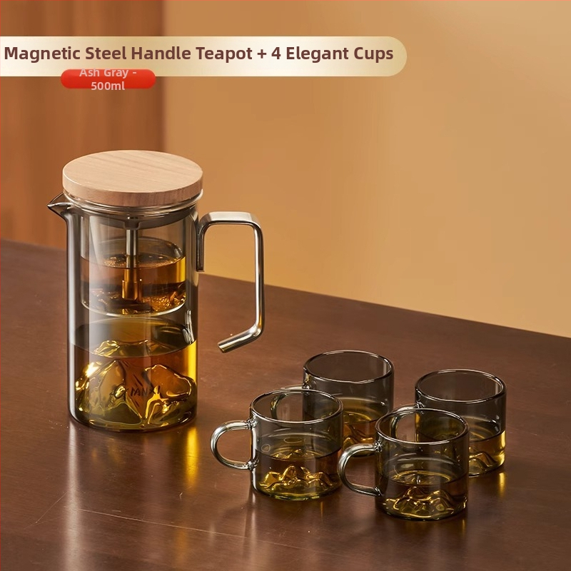Ceainic din sticlă cu infuzie magnetică și ceașcă de ceai cu vedere la munte, set de ceai minimalist pentru uz casnic, cu sistem de separare a apei