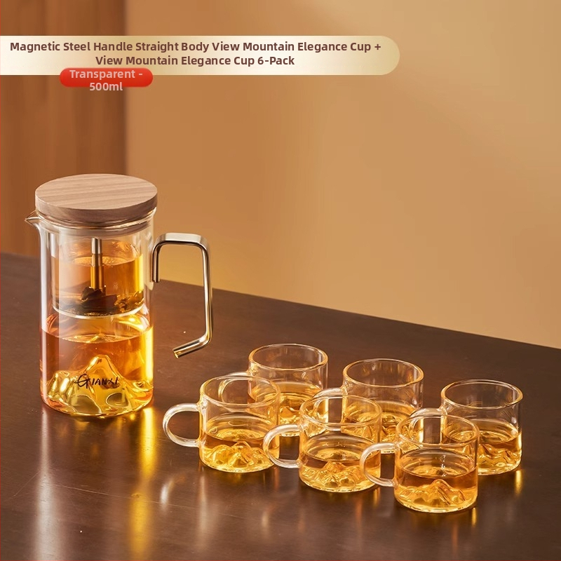 Ceainic din sticlă cu infuzie magnetică și ceașcă de ceai cu vedere la munte, set de ceai minimalist pentru uz casnic, cu sistem de separare a apei