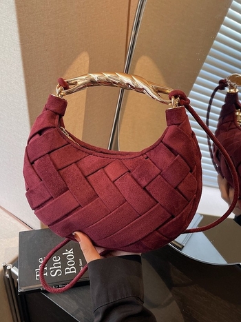 Tkana torbica za rame od velura kože, elegantan dizajn u obliku polumjeseca, ženska crossbody torba
