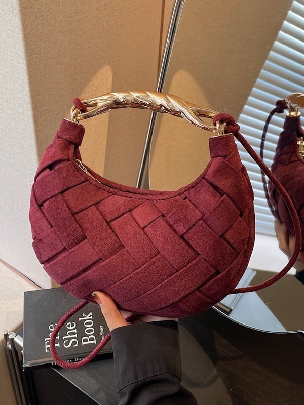 Tkana torbica za rame od velura kože, elegantan dizajn u obliku polumjeseca, ženska crossbody torba