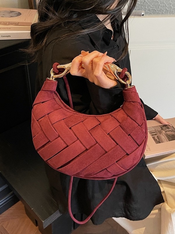 Tkana torbica za rame od velura kože, elegantan dizajn u obliku polumjeseca, ženska crossbody torba