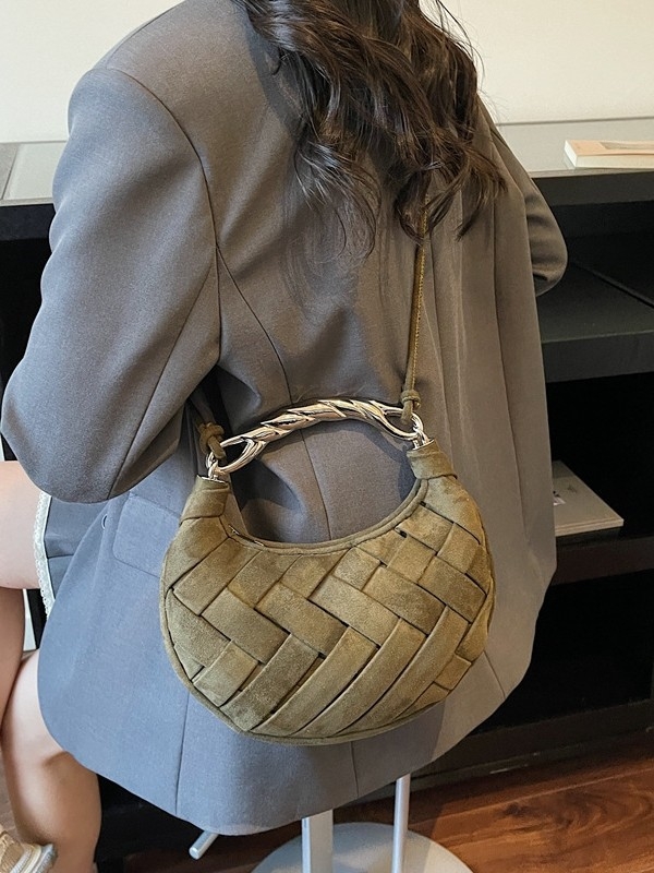 Tkana torbica za rame od velura kože, elegantan dizajn u obliku polumjeseca, ženska crossbody torba