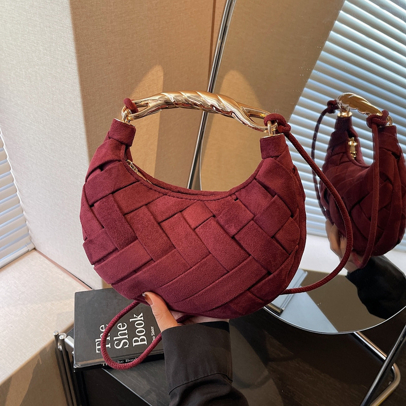 Tkana torbica za rame od velura kože, elegantan dizajn u obliku polumjeseca, ženska crossbody torba