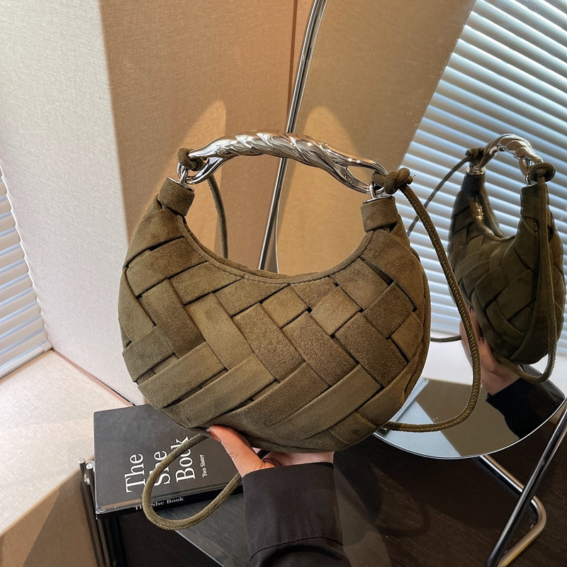 Tkana torbica za rame od velura kože, elegantan dizajn u obliku polumjeseca, ženska crossbody torba