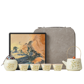 Set de ceai Ru kiln cu glazură crackle, fir de aur și motif bambus, pentru uz casnic și recepții în birou, cadou de lux