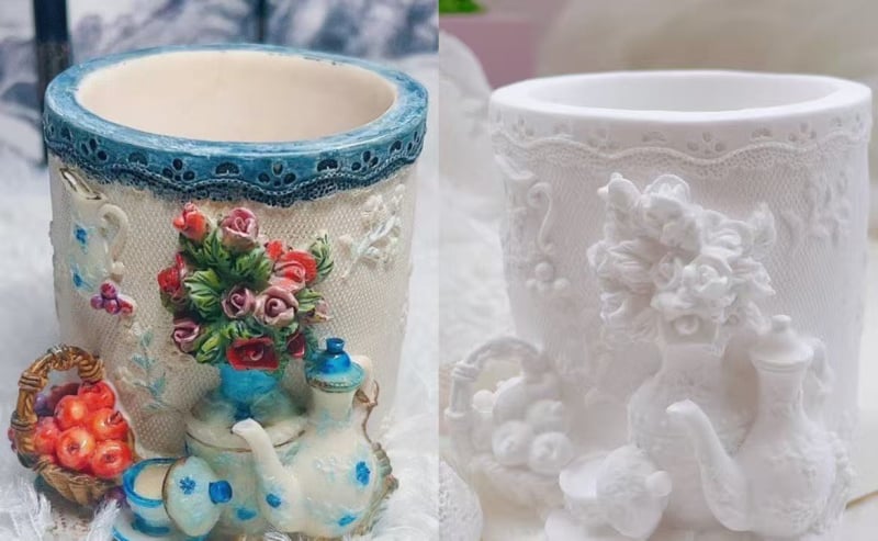 Nou DIY suport pentru pixuri gravat cu flori și păpușă din ipsos aromată - colorare, ornament creativ de artizanat