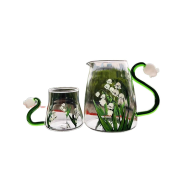 Set de băut pentru o persoană cu ceașcă cu motiv floral și ceainic, pahar din sticlă rezistent la temperaturi înalte și cană pentru apă rece
