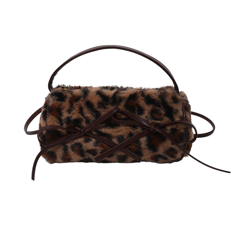 Retro torbica s leopard uzorkom i mašnicom, pliš torbica na ramenu, ženski crossbody, korejski stil, jesen-zima 2025.