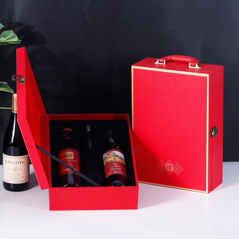 Cutie cadou de lux pentru vin roșu, husă din piele pentru două sticle și accesorii pentru vin