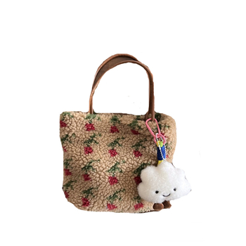 Jesen-zimska fluffy torba s retro tulip jacquardom i polar fleece, PU remen, torba za ruke, torba za ručak, torba za mamu