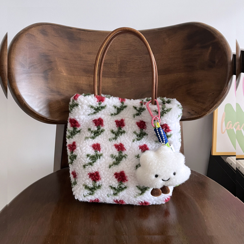 Jesen-zimska fluffy torba s retro tulip jacquardom i polar fleece, PU remen, torba za ruke, torba za ručak, torba za mamu