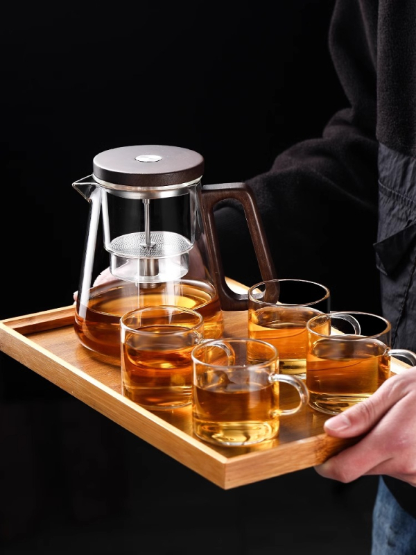 Ceainic de sticlă cu filtru încorporat, infuzor prin apăsare pentru ceai