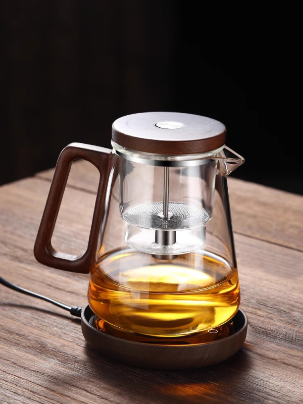 Ceainic de sticlă cu filtru încorporat, infuzor prin apăsare pentru ceai