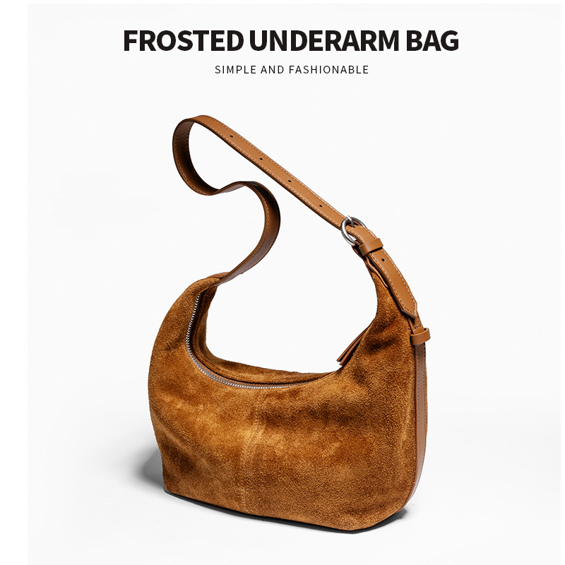 Torba preko ramena od prave kože, dumpling stil, mat finiš od velura, ženska crossbody torba, vintage inspiracija 2025